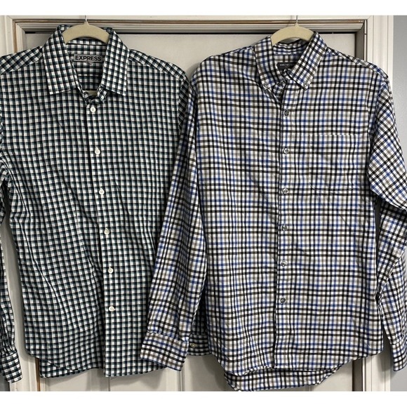 2 Mens Sz Small CHECKERED Long Sleeve Button Shirts Express Van Heusen Fitted - Picture 1 of 10